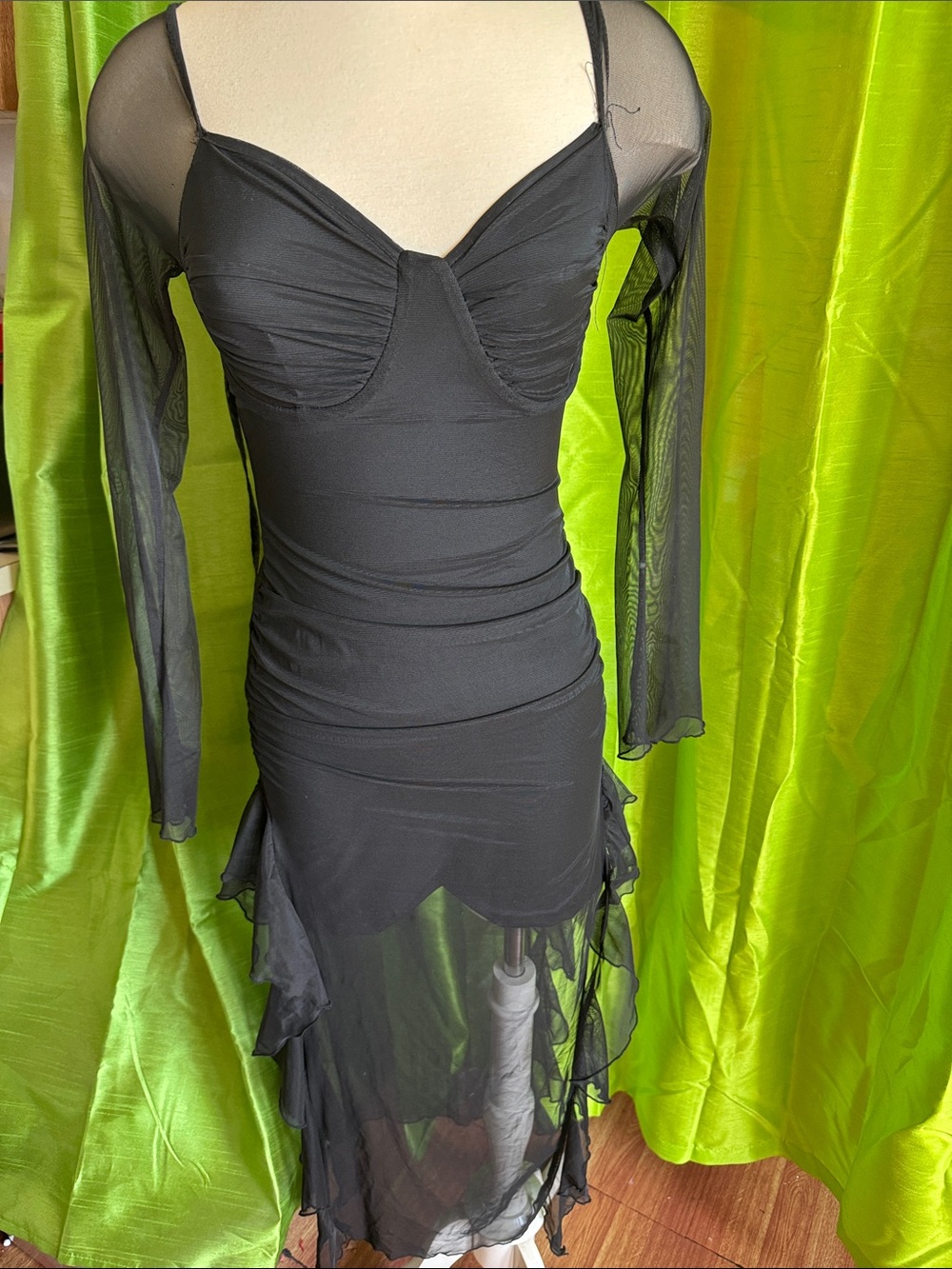 Black Sheer Sleeve Mesh Midi Dress